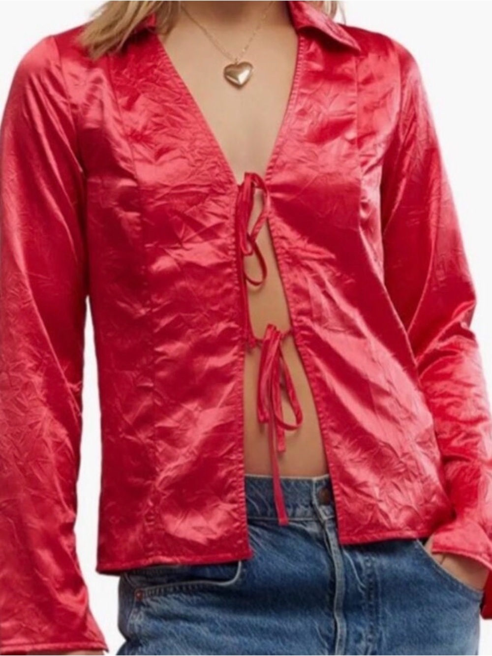 #900 FREE PEOPLE Star Eyes Red Crinkle Tie-Front Long Sleeve Top STATEMENT!